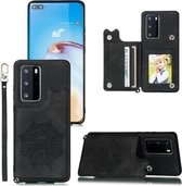 Voor Huawei P40 Pro + Mandala reliëf PU + TPU-hoesje met houder & kaartsleuven & fotolijst & riem (zwart)