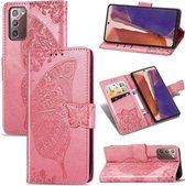 Voor Samsung Galaxy Note 20 vlinder liefde bloem reliëf horizontale flip lederen tas met beugel / kaartsleuf / portemonnee / lanyard (roze)