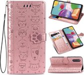 Voor Samsung Galaxy A41 Lovely Cat and Dog Embossing Pattern Horizontale Flip Leather Case, met houder & kaartsleuven & portemonnee & Cartoon sluiting & Lanyard (Rose Gold)