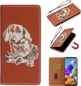 Voor Samsung Galaxy A21s Pure Color Painting Horizontale Flip Leather Case met Card Slot & Holder (Dog)