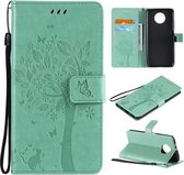Voor Xiaomi Redmi Note 9 5G Tree & Cat Pattern Pressed Printing Horizontale Flip PU Leather Case met houder & kaartsleuven & portemonnee & Lanyard (groen)