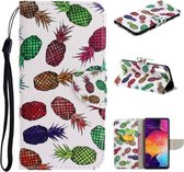 Voor Samsung Galaxy A50 Gekleurd tekeningpatroon Horizontaal Flip TPU + PU lederen tas met houder & kaartsleuven & portemonnee & lanyard (gekleurde ananas)