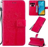 Voor Huawei Enjoy 10e Tree & Cat Pattern Pressed Printing Horizontale Flip PU Leather Case met houder & kaartsleuven & portemonnee & Lanyard (Rose Red)