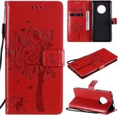 Voor Huawei Enjoy 20 Plus 5G Tree & Cat Pattern Pressed Printing Horizontale Flip PU Leather Case met houder & kaartsleuven & portemonnee & Lanyard (rood)