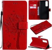 Voor Huawei P Smart 2021 Boom & Kat Patroon Geperst Afdrukken Horizontale Flip PU Leren Case met Houder & Kaartsleuven & Portemonnee & Lanyard (Rood)