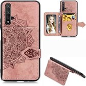 Voor Huawei Nova 5 Mandala Reliëf Magnetische Doek PU + TPU + PC Case met Houder & Kaartsleuven & Portemonnee & Fotolijst & Riem (Rose Goud)