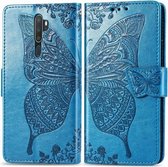 Voor OPPO A5 (2020) / A9 (2020) vlinder liefde bloem reliëf horizontale flip lederen tas met beugel lanyard kaartsleuf portemonnee (blauw)