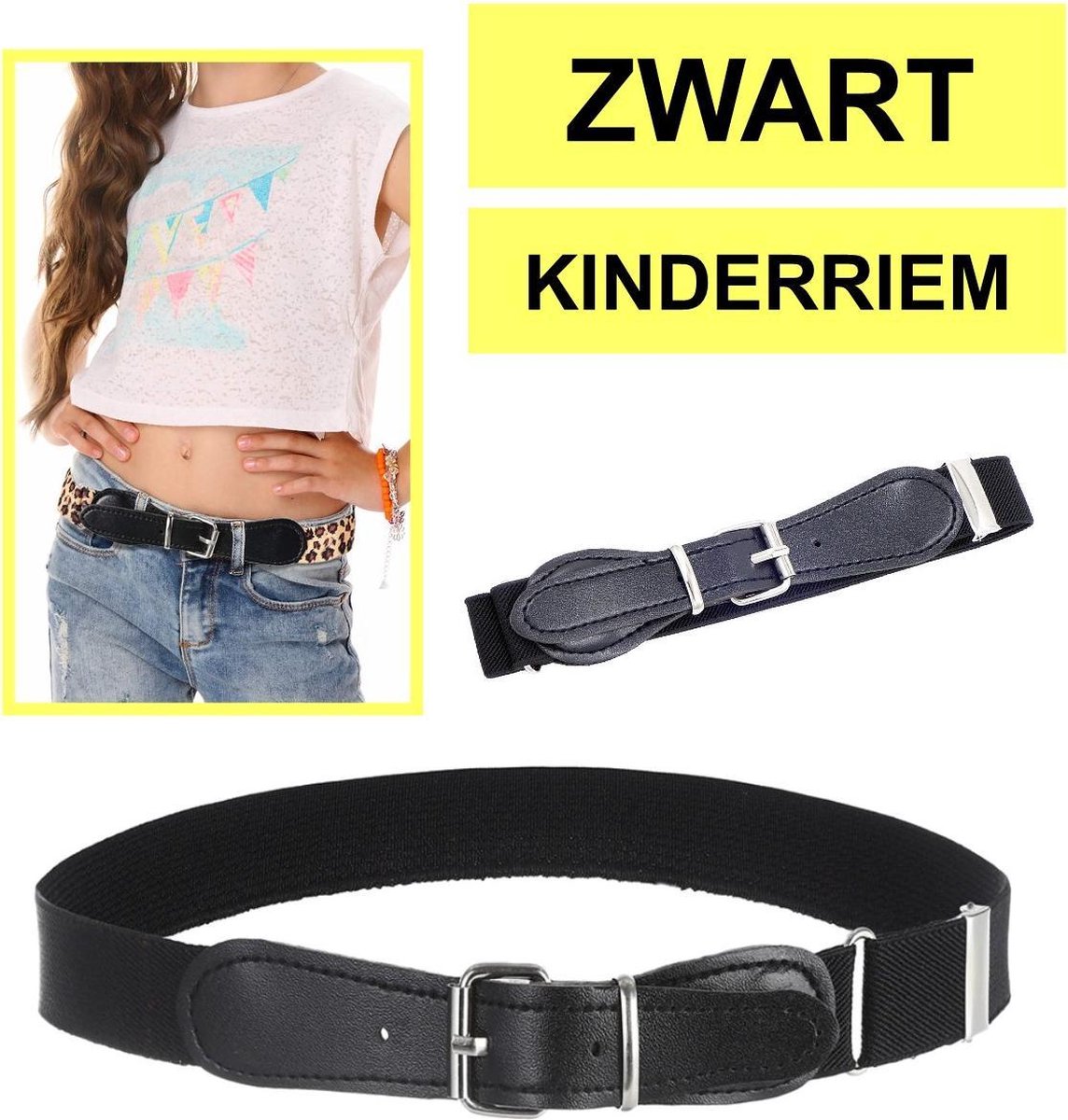 Fako Fashion - Kinderriem Elastisch Oval - Elastische Riem Voor Kinderen - Rekbare Riem - Broekriem - Stretch Riem - Zwart