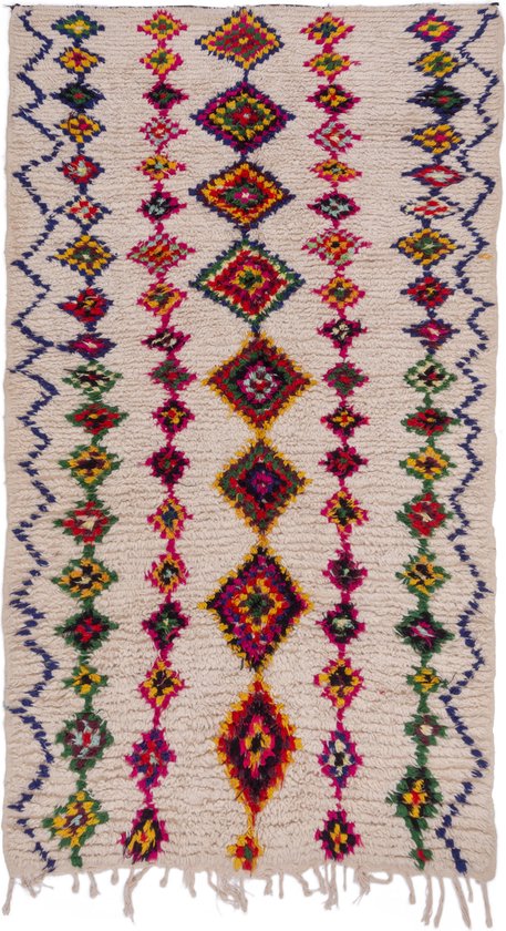 Tapis traditionnel Azilal - 250 x 150 cm - oeuvre tissée à la main - Coloré et unique - 100% laine, tapis à poils longs