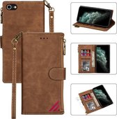 Rits Multi-kaartsleuven Horizontale flip PU lederen tas met houder & kaartsleuven & portemonnee & lanyard & fotolijst voor iPhone SE (2020) / 8/7 (bruin)