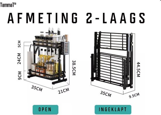 TammaT - Kruidenrek - Kruidenrek Staand - Inklapbare Keukenrek - 3-laags 35x21x56,5CM - Keuken Organizer - Aanrecht Organizer - Keuken Opslag - Roestvrij Staal - Opbergrek - Keuken organizers - Roestvrij en krasvrij