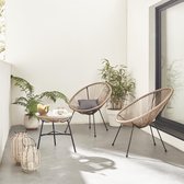 Set van 2 ei-vormige stoelen ACAPULCO met bijzettafel -Natürlich- Stoelen 4 poten design retro, met lage tafel, plastic koorden