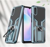 Voor Xiaomi Redmi 9A Armor 2 in 1 PC + TPU magnetische schokbestendige behuizing met opvouwbare houder (cyaan)