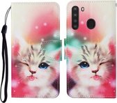 Voor Samsung Galaxy A21 Gekleurde Tekening Patroon Horizontale Flip Leren Case met Houder & Kaartsleuven & Portemonnee & Lanyard (Scheel Kat)