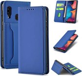 Voor Samsung Galaxy A20 Sterk magnetisme Vloeibaar gevoel Horizontale flip lederen tas met houder & kaartsleuven en portemonnee (blauw)