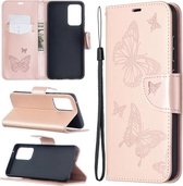 Voor Samsung Galaxy A52 5G Embossing Two Butterflies Pattern Horizontale Flip PU Leather Case met Houder & Card Slot & Portemonnee & Lanyard (Rose Gold)