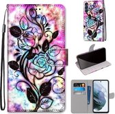 Voor Samsung Galaxy S21 FE Gekleurde Tekening Cross Textuur Horizontale Flip PU Lederen Case met Houder & Kaartsleuven & Portemonnee & Lanyard (Kleur Bodem Holle Bloem)