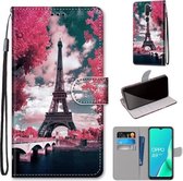 Voor OPPO A9 (2020) / A5 (2020) / A11X / A11 Gekleurde tekening Cross Texture Horizontale flip PU lederen tas met houder & kaartsleuven & portemonnee & lanyard (Pink Flower Tower B