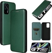 Voor OPPO Realme GT 5G koolstofvezel textuur magnetische horizontale flip TPU + pc + PU lederen tas met kaartsleuf (groen)