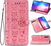 Voor xiaomi 9 se schattige kat en hond reliëf horizontale flip lederen tas met beugel / kaartsleuf / portemonnee / lanyard (roze)