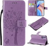 Voor Oppo Reno4 5G Boom & Kat Reliëfpatroon Horizontale Flip Leren Case met Houder & Kaartsleuven & Portemonnee & Lanyard (Lichtpaars)