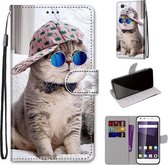 Voor ZTE Blade A6 / A6 Lite Gekleurde tekening Cross Texture Horizontale Flip PU lederen tas met houder & kaartsleuven & portemonnee & lanyard (Slant Hat Blue Mirror Cat)