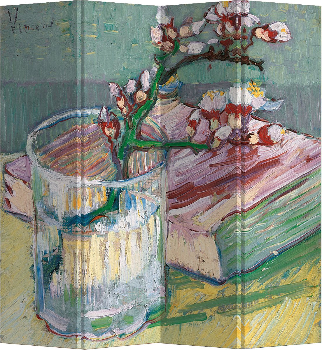 Fine Asianliving Kamerscherm Scheidingswand B160xH180cm 4 Panelen Bloeiende Amandeltak in een Glas met een Boek 1888 van Gogh Groen, Multicolour