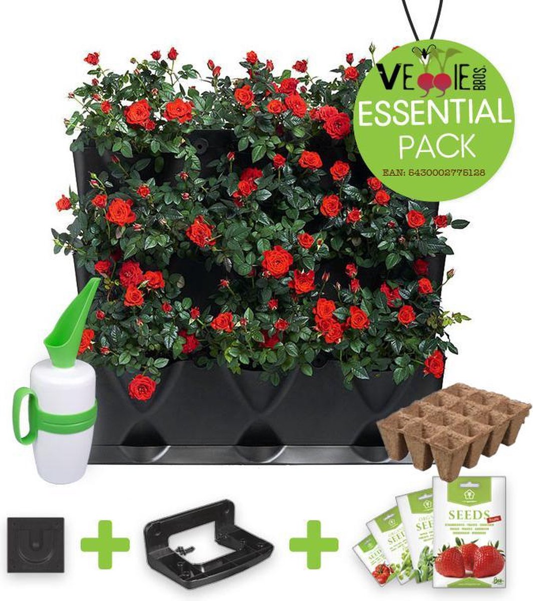 Minigarden® Vertical - verticale tuin - verticaal tuinieren - ESSENTIAL PACK met gieter, ophangingsbeugel en verankeringclips, inclusief 4 vruchtenzaden & 12 zaaipotjes - ZWART