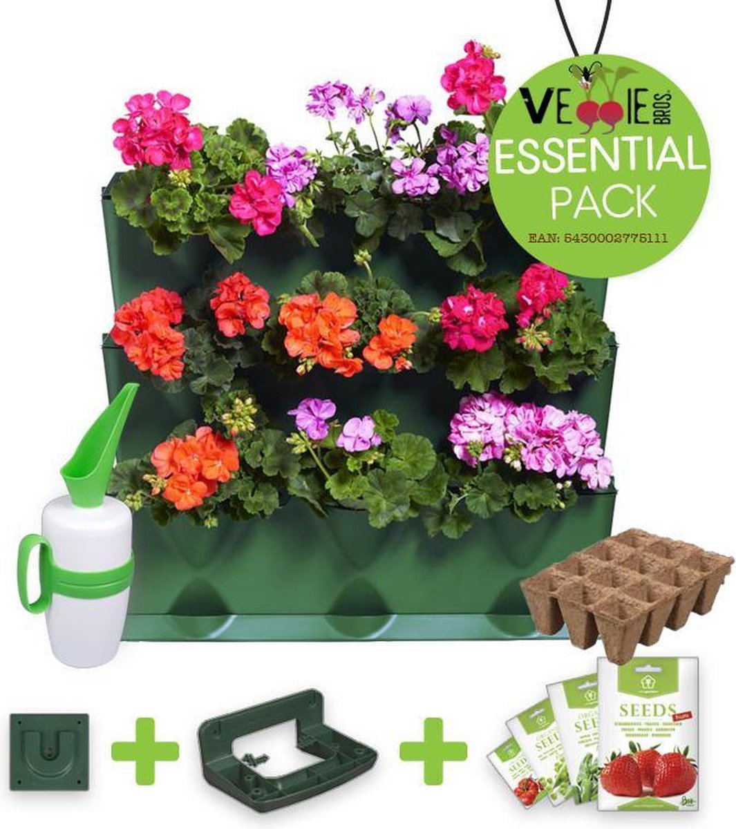 Minigarden® Vertical - verticale tuin - verticaal tuinieren - ESSENTIAL PACK met gieter, ophangingsbeugel en verankeringclips, inclusief 4 vruchtenzaden & 12 zaaipotjes - GROEN