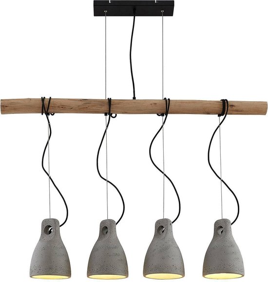 Lindby - hanglamp - 4 lichts - beton, hout - E27 - grijs, hout licht