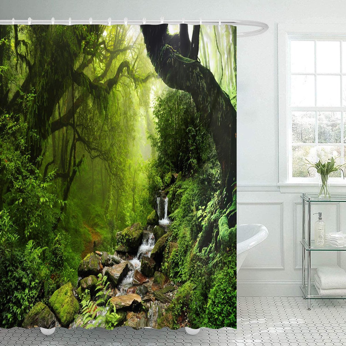 Ulticool Douchegordijn - Regenwoud Natuur Eco Planten Waterval - 180 x 200 cm - semi Transparant - met 12 Ringen Wit - anti Schimmel - Groen