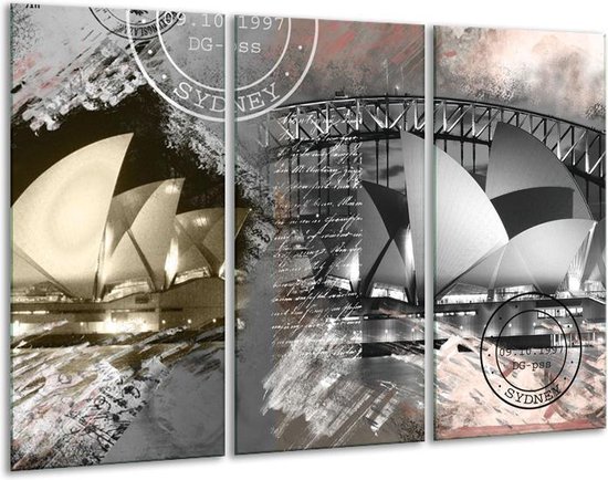 Glasschilderij Sydney, Modern - Grijs, Crème , Rood - 120x80cm 3Luik - Foto Op Glas - Geen Acrylglas Schilderij - GroepArt 6000+ Glas Art Collectie - Maatwerk Mogelijk