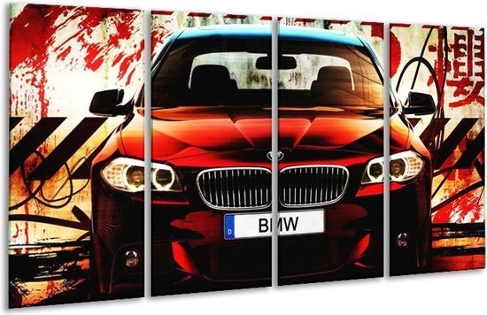 GroepArt - Glasschilderij - BMW - Zwart, Rood, Wit - 160x80cm 4Luik - Foto Op Glas - Geen Acrylglas Schilderij - 6000+ Glasschilderijen Collectie - Wanddecoratie