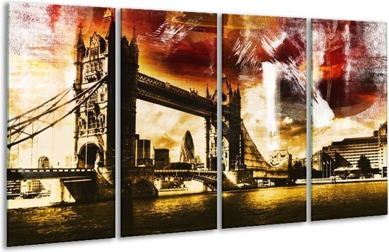 GroepArt - Glasschilderij - Londen - Geel, Bruin, Zwart - 160x80cm 4Luik - Foto Op Glas - Geen Acrylglas Schilderij - 6000+ Glasschilderijen Collectie - Wanddecoratie