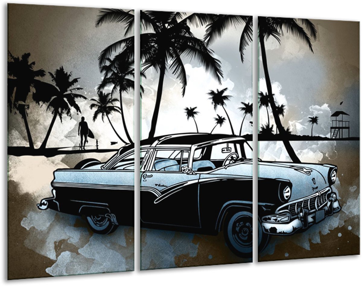 GroepArt - Schilderij - Oldtimer, Auto - Zwart, Wit, Blauw - 120x80cm 3Luik - 6000+ Schild