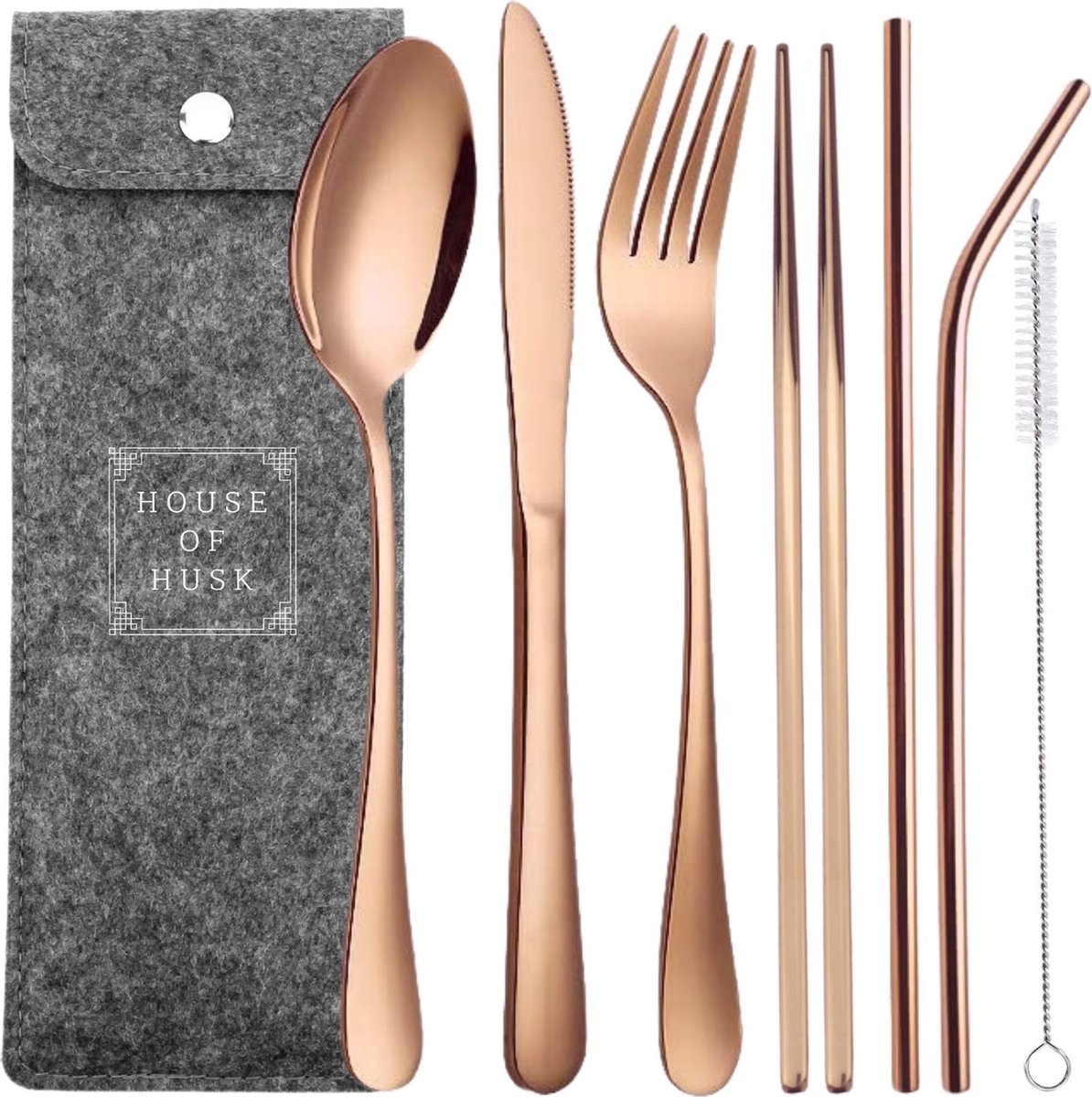 House of Husk Reisbestek - Reis Bestekset - Chopsticks - Metalen Rietjes met borstel - Lepel - Vaatwasserbestendig - RVS - 7 Delig - Rose Goud