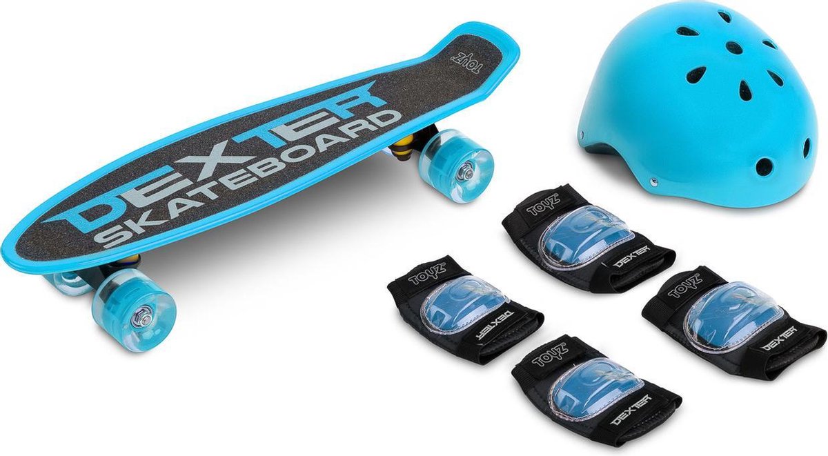 Skateboard Dexter Blue + helm en beschermers