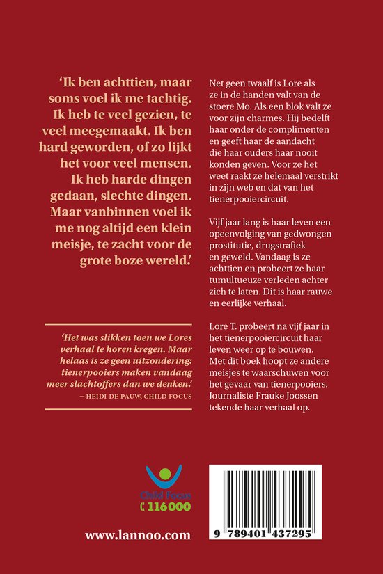 Boekomslag met rode tekst en een gestileerde afbeelding van een kind. ISBN: 9789401437295.
