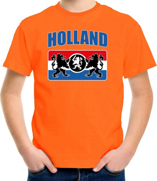 Oranje fan t-shirt voor kinderen - Holland met een Nederlands wapen - Nederland supporter - Koningsdag / EK / WK shirt / outfit 134/140