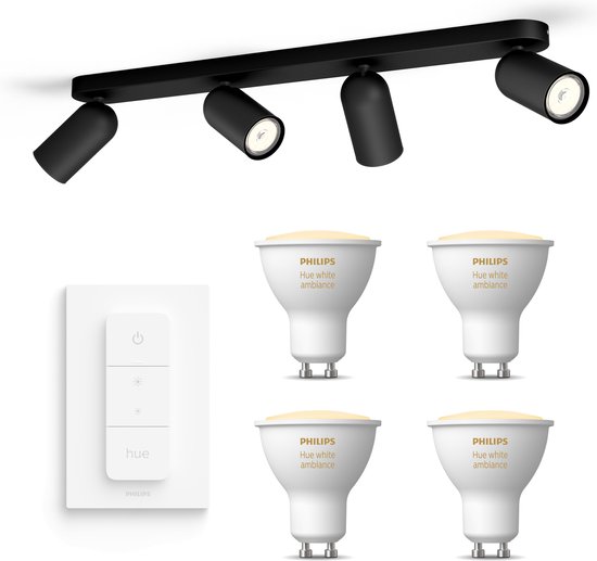 Philips myLiving Pongee Opbouwspot White Ambiance GU10 - 4 Hue Lampen en Dimmer Switch - Warm tot Koelwit Licht - Dimbare Plafondspots - Zwart