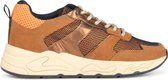 PS Poelman Dames - MINION Combo Mesh Suède Leren Runner Sneakers met Metallic Details en Beige Zool - Cognac Bruin Oranje Zwart Multi - Maat 39