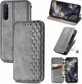For One Plus Nord Cubic Grid Pressed Horizontal Flip Magnetic PU Leather Case met houder & kaartsleuven & portemonnee (grijs)