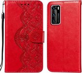 Voor Huawei P40 Flower Vine Embossing Pattern Horizontale Flip Leather Case met Card Slot & Holder & Wallet & Lanyard (Red)