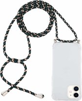 Voor iPhone 12 mini vierhoekige schokbestendige transparante TPU-hoes met draagkoord (groen zwart)