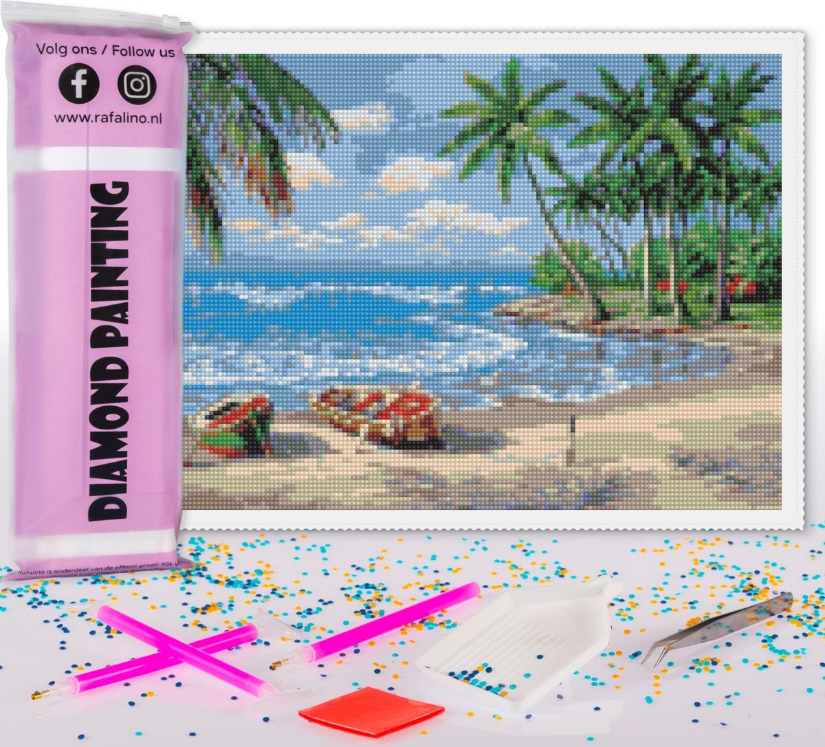 Afbeelding van product Rafalino  Diamond Painting 30 x 40 Zeezicht - Pakket voor Volwassen en Kinderen met Ronde Steentjes – Volledig Inclusief Accessoires - Pen - Schudbakje - Wax - Pincet - Strand met palmen aan zee