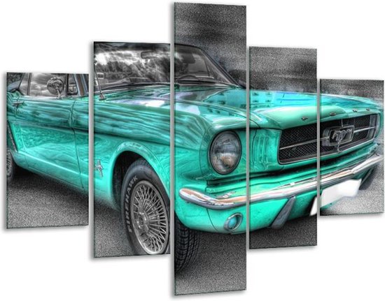 Glasschilderij -  Mustang - Zwart, Grijs, Blauw - 100x70cm 5Luik - Geen Acrylglas Schilderij - GroepArt 6000+ Glasschilderijen Collectie - Wanddecoratie- Foto Op Glas