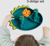 Siliconen Baby Servies Set - Dinosaurus siliconen kinderbord – Met Lepel en Vork – 3-deling  – Kinderbestek – Antislip Siliconen Bord –  Baby Antislip Bord – Peuter Antislip Bord -  Verjaarda