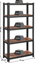 Bol.com boekenplank opbergrek 5 planken keukenplank plank 150 x 75 x 30 cm tot 650 kg draagvermogen verstelbare planken industri... aanbieding