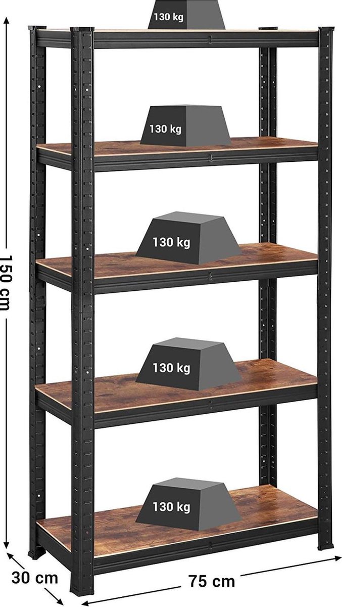 boekenplank, opbergrek, 5 planken, keukenplank, plank, 150 x 75 x 30 cm, tot 650 kg draagvermogen, verstelbare planken, industriële stijl, zwart-vinachtig bruin GLR030B01