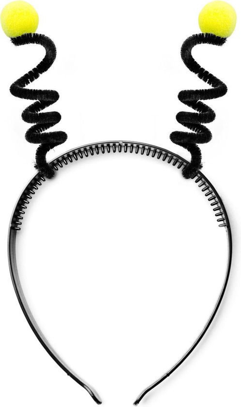 Zwarte tiara met twee zwarte spiraalvormige antennes met gele bolletjes aan het uiteinde.